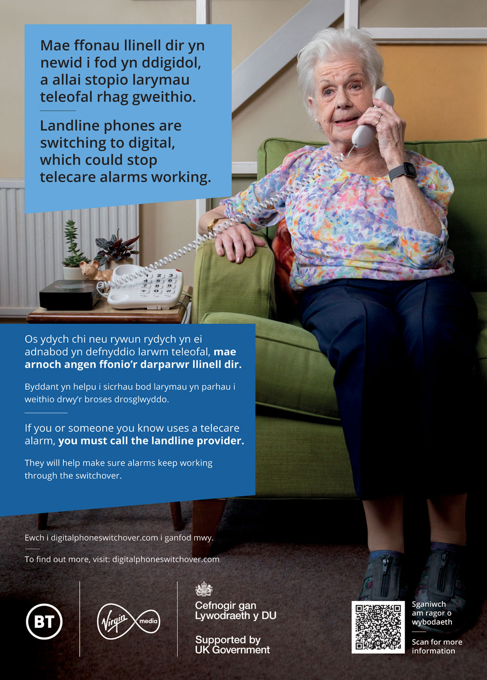 Poster: Landline phones are switching to digital, which could stop telecare alarms working. If you or someone you know uses a telecare alarm, you must call the landline provider.